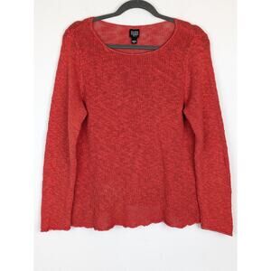 Eileen Fisher Sweater Open Knit Textured Boho Lagenlook Burnt Orange Size LP
